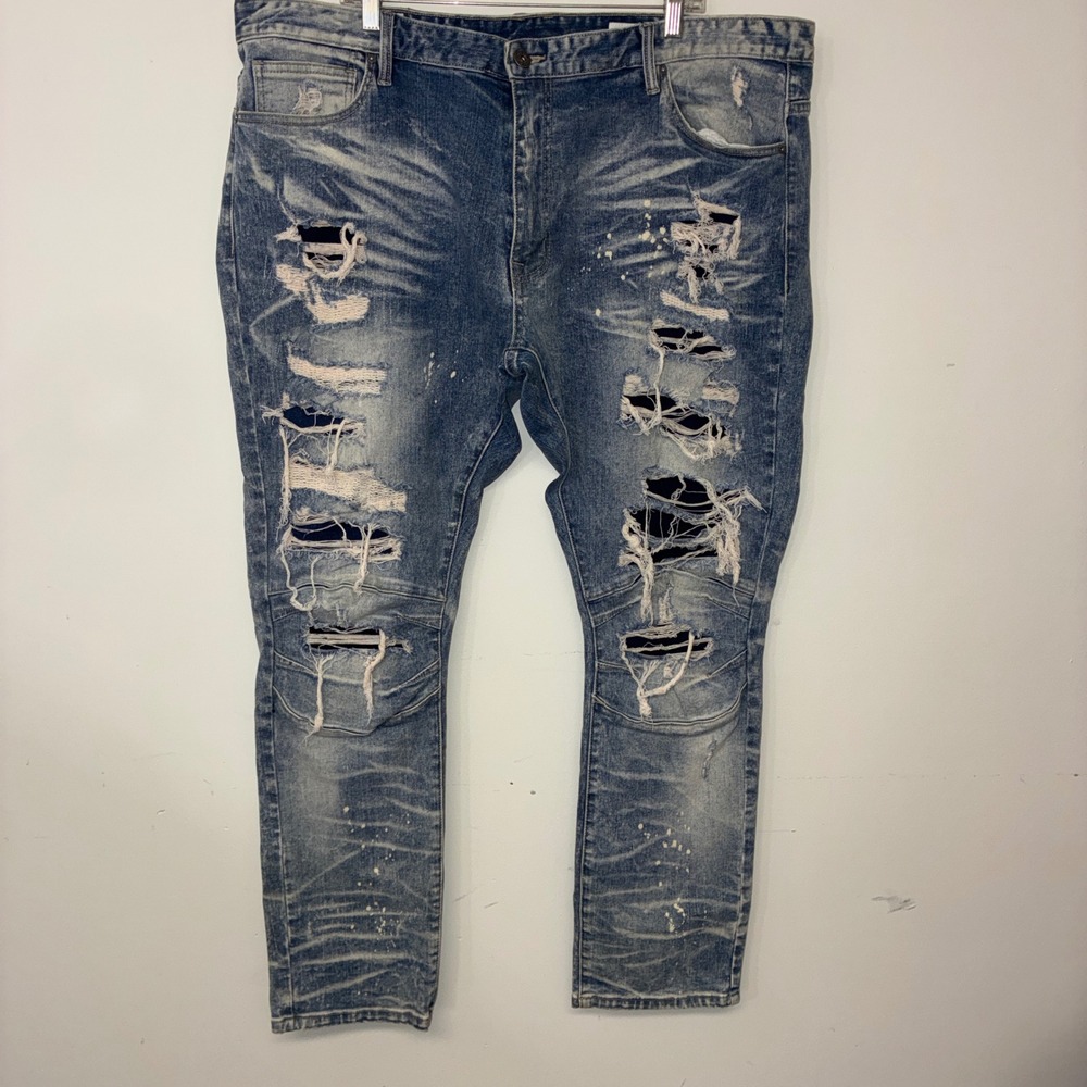 325 Smoke Rise Moto Jeans 44x 32 Blue Distressed Ripped Paint Splatter Tapered